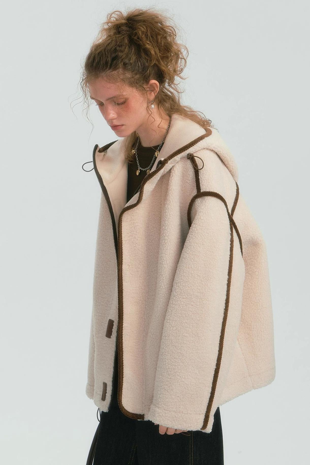 Contrast Piping Fleece Coat