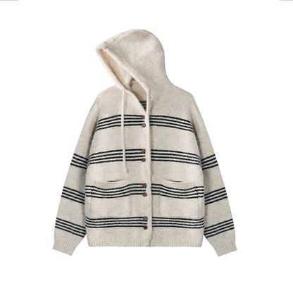 Slouchy Pinstripe Hooded Wool Cardigan