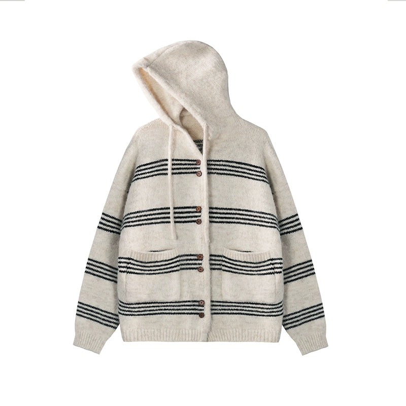 Striped Wool Hooded Knit Cardigan