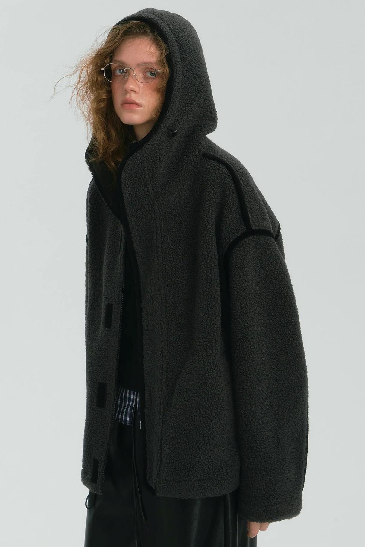 Contrast Piping Fleece Coat