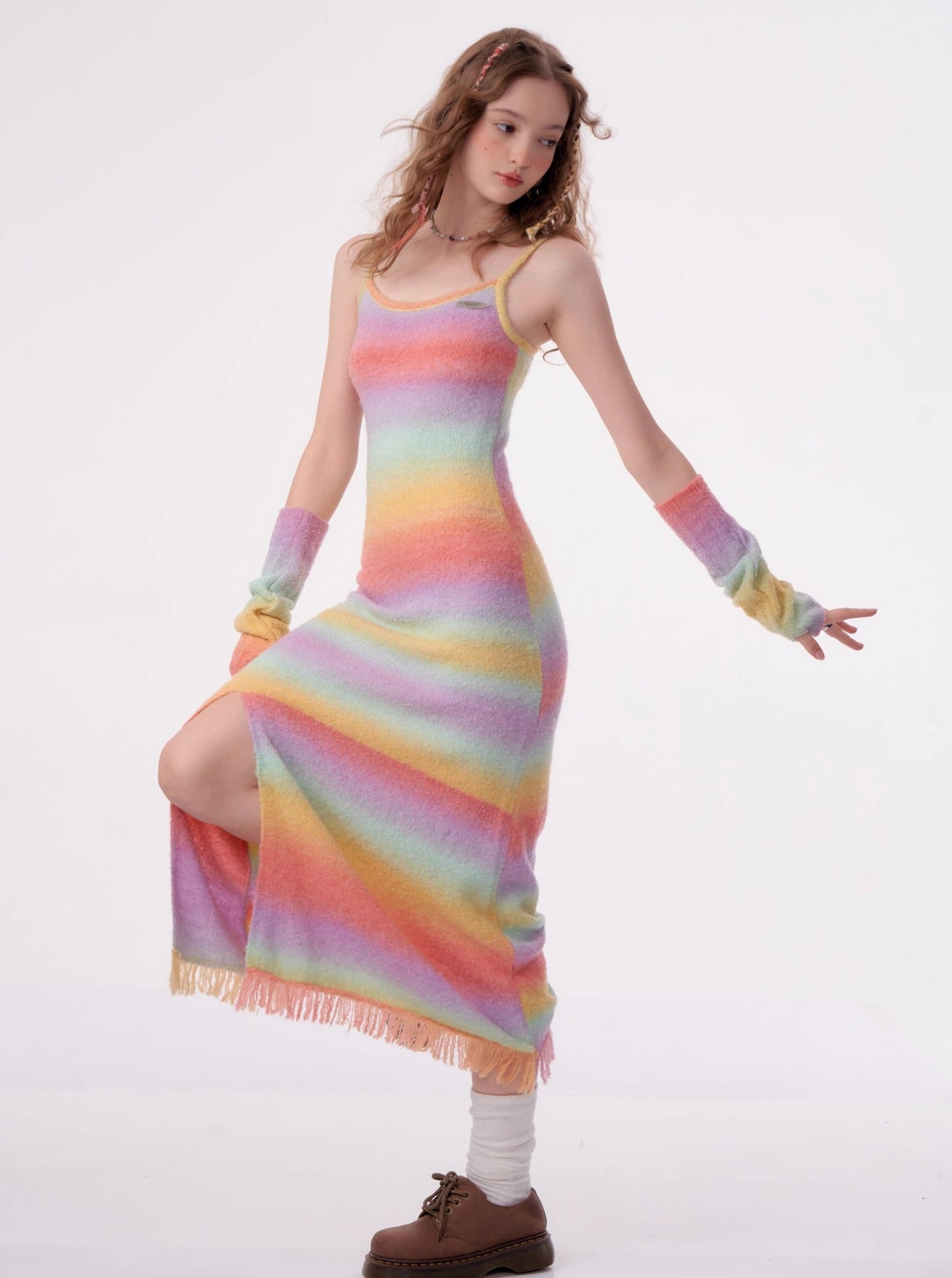 American retro slim rainbow knit bottom long dress