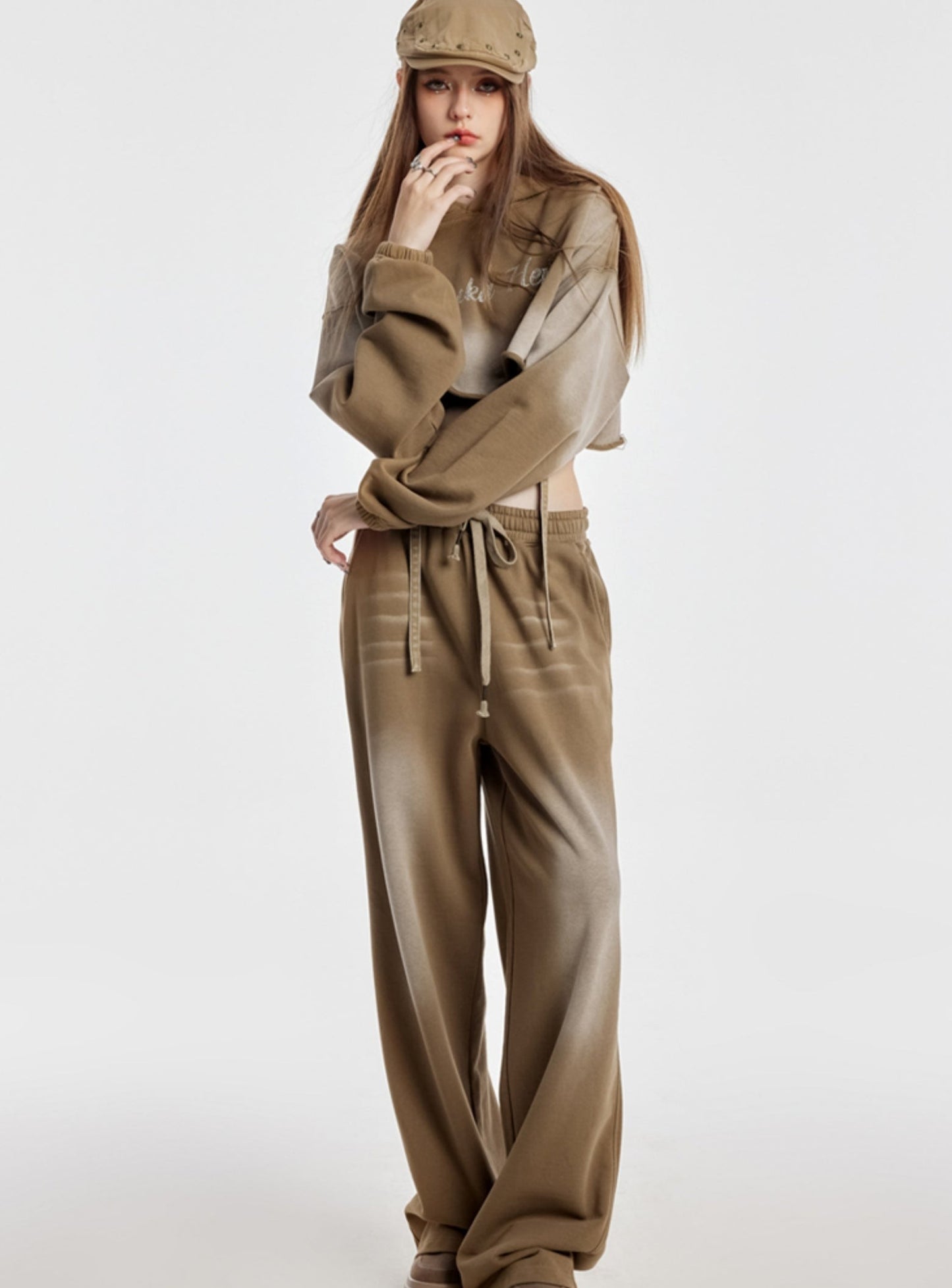 Khaki Printed Crop Top And Long Pants Set-Up