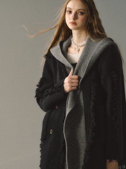 Mid-length hooded detachable knitted coat