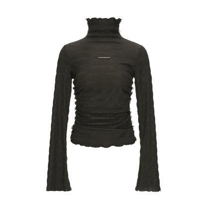 High-Neck Knitted Striped Slimming Shirt