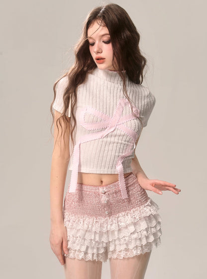 Weniger auch Auge Frühling Pfirsich Knospe rosa weiß Französisch Frühling Sommer neue Spitze A-Linie Kuchen Rock Ballett-Shorts