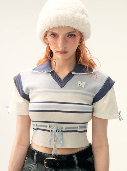 Fake two-piece striped short sleeve T-shirt