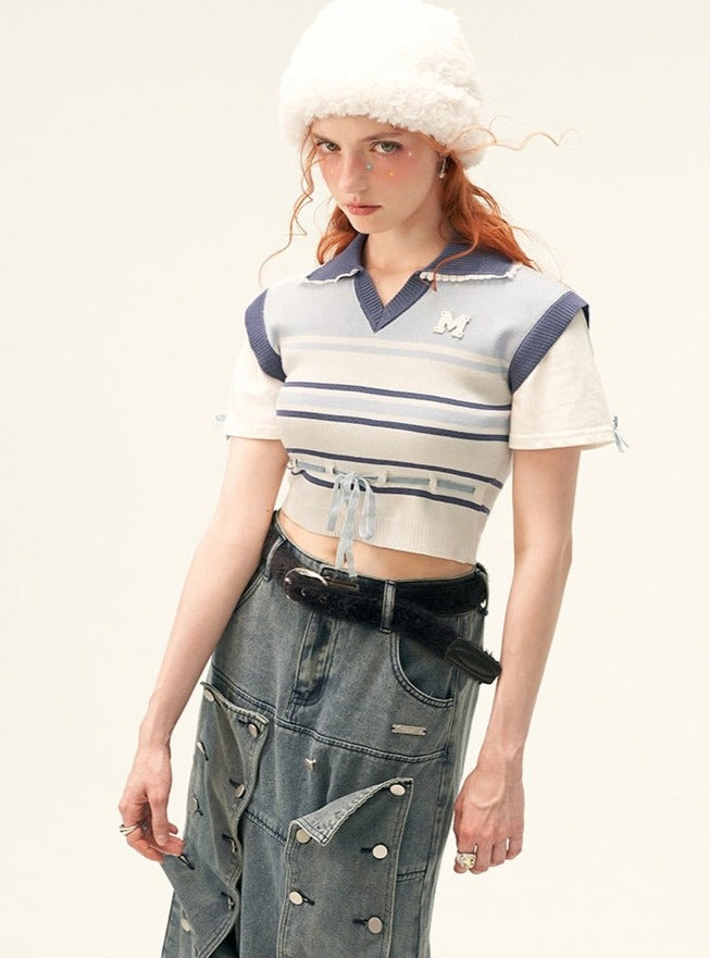 Fake two-piece striped short sleeve T-shirt