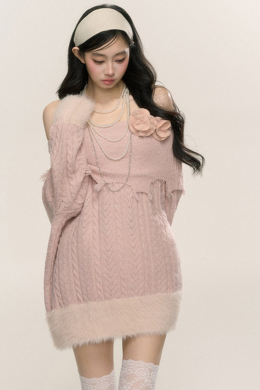 Mist Pink One-Shoulder Plush Dress