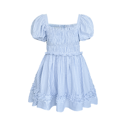 Blue Plaid Bubble Sleeves Dress