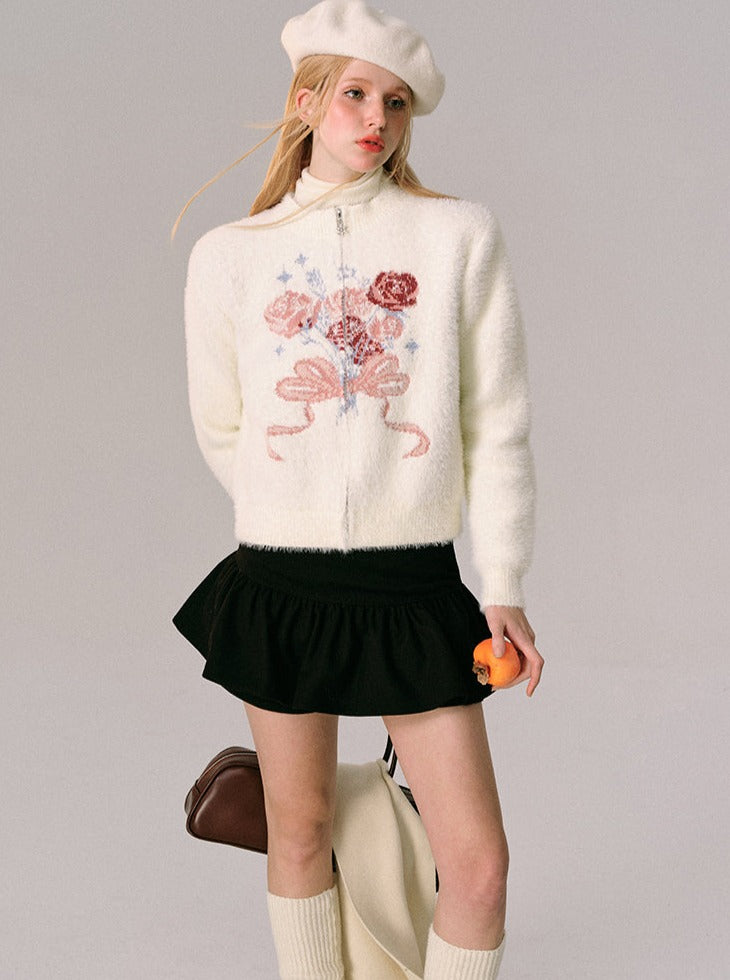 rose zipper knitted cardigan