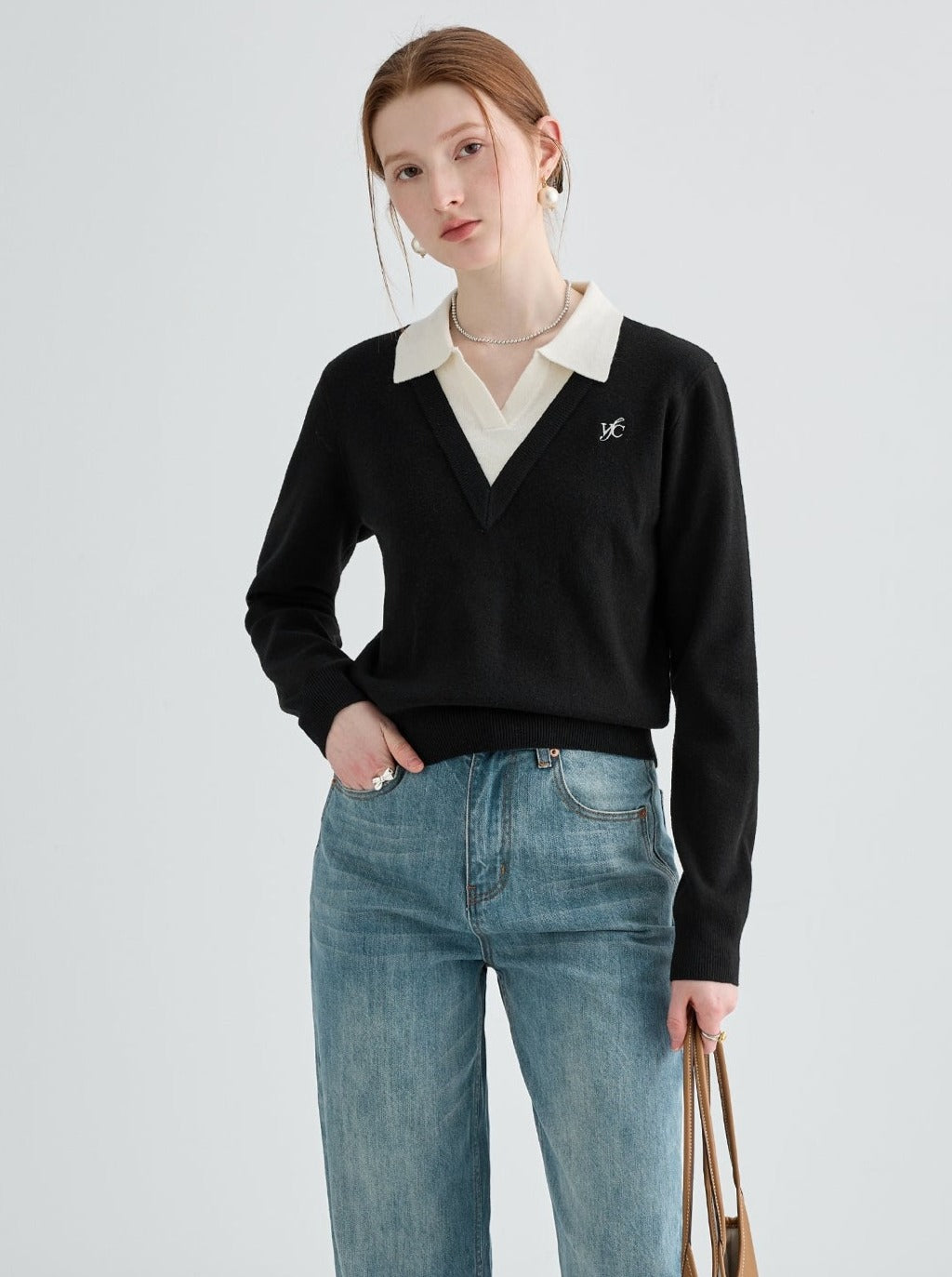 Polo collar pattern wool knitwear tops