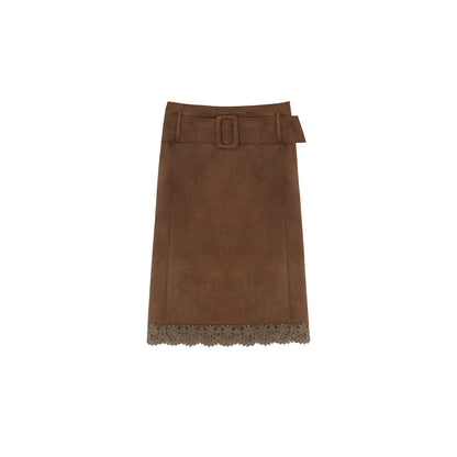 Retro Faux Suede Belted Skirt
