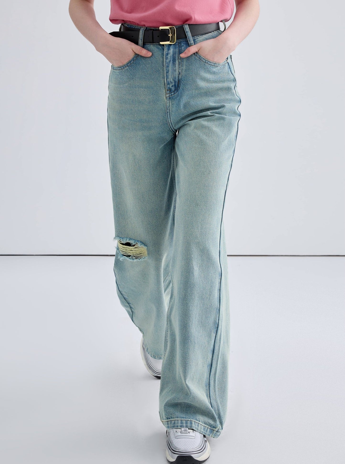 Retro Slim Ripped Wide-leg Straight Pants