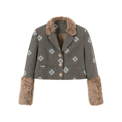 Retro Embroidery Tweed Fur Shorts Set-Up