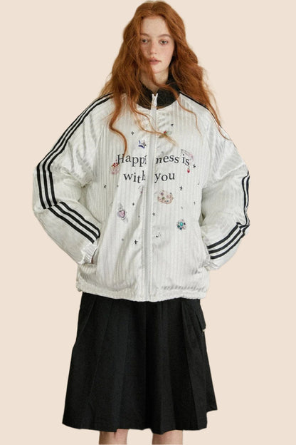 EZEK Fun Letter Print Gestreifte Ärmel Sportliche Kontrast Stand Kragen Jacke Frauen Frühherbst neue Top