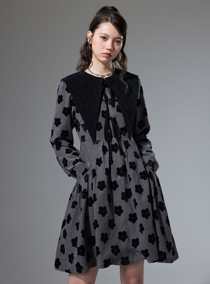 Lapel Waist Flocking Flower Black Dress