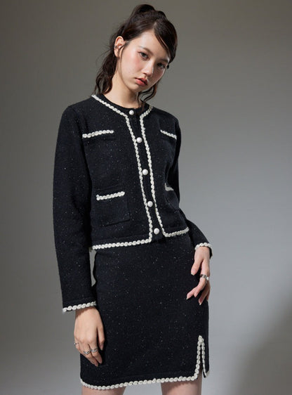 Long Sleeve Knitted Jacket With High Waist Skirt Set