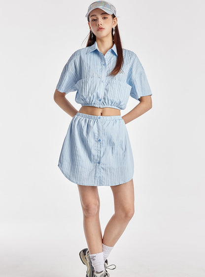 Sky Blue Elasticated Crop Shirt With Simple Skirt Set-Up