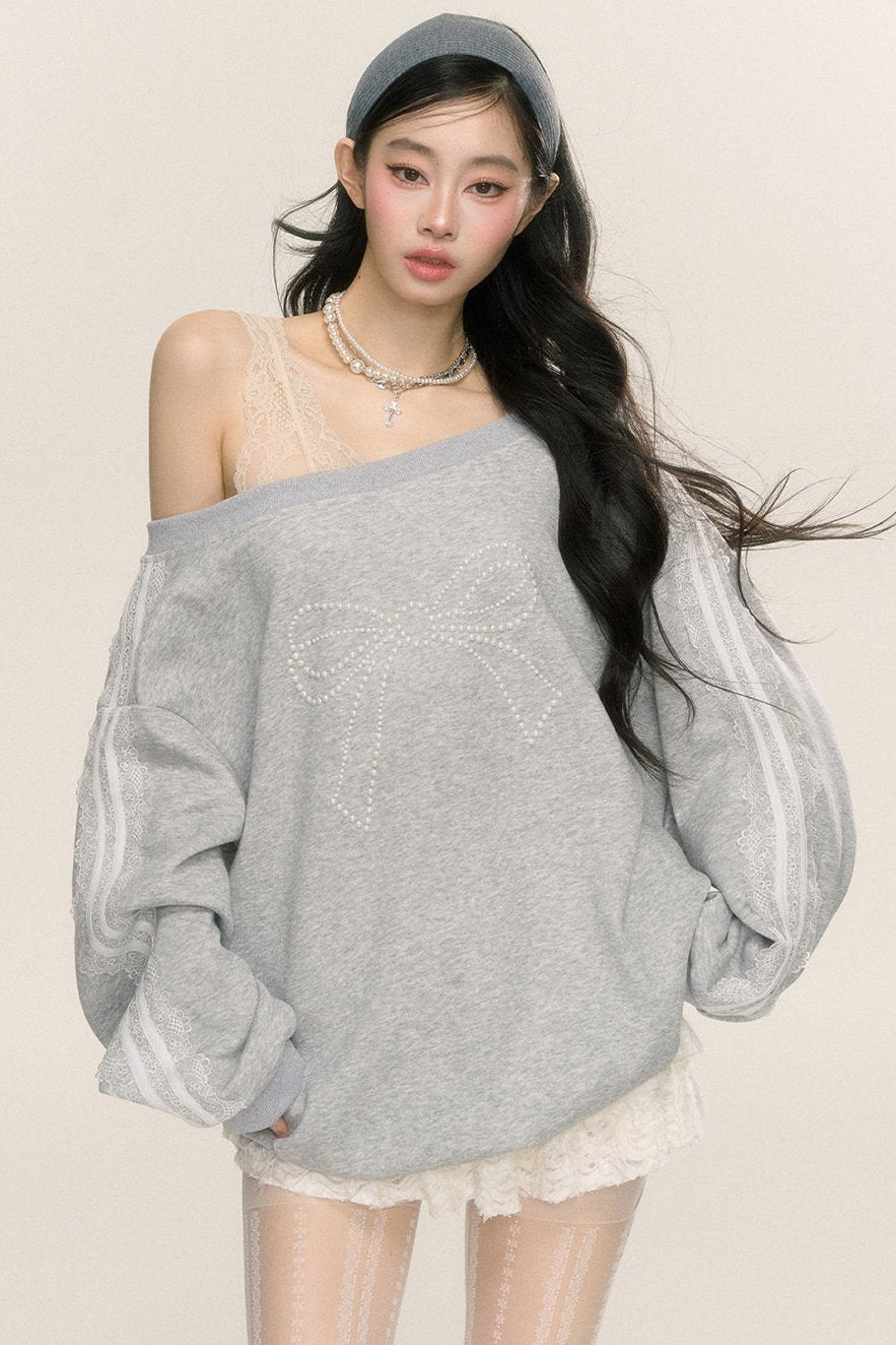 Slanted Shoulder Bow Loose Sweatshirt