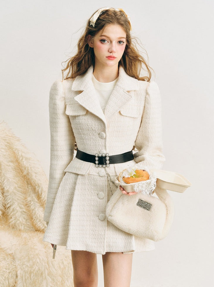 Mid-length pleated waist woolen jacket