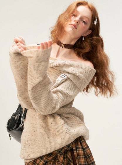 Off-Shoulder Long Sleeve Loose Knit Tops