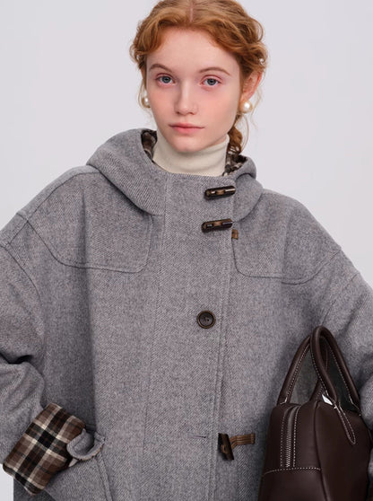 Retro mid-length hooded woolen coat