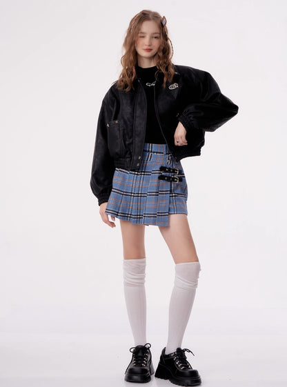 High waist pleated tweed plaid Skirt