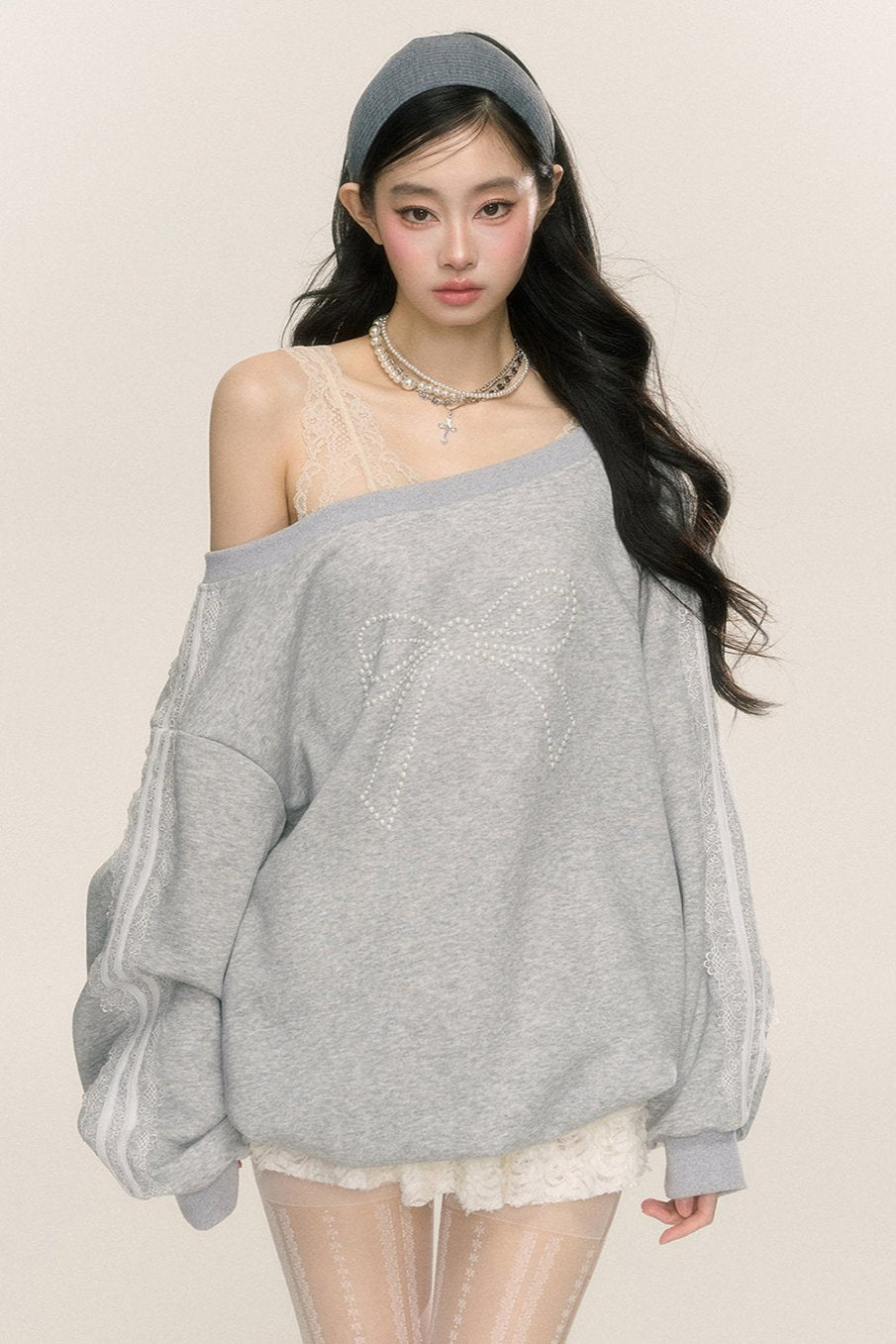 Slanted Shoulder Bow Loose Sweatshirt