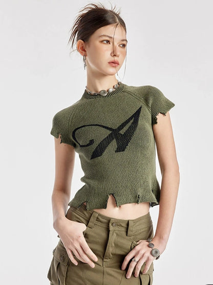 Army Green Ripped Crew Neck Sweater