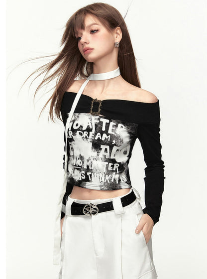 Retro One Shoulder Printed Long Sleeves T-shirt