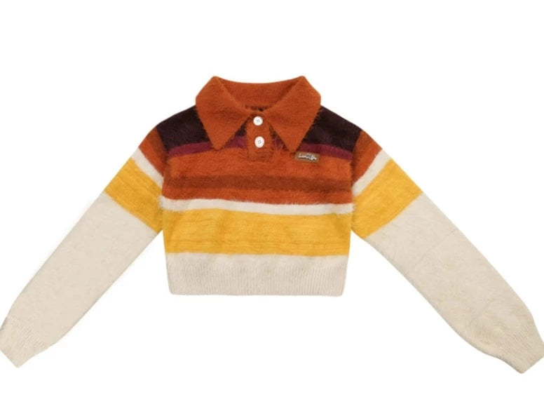 American retro polo neck contrast striped Tops