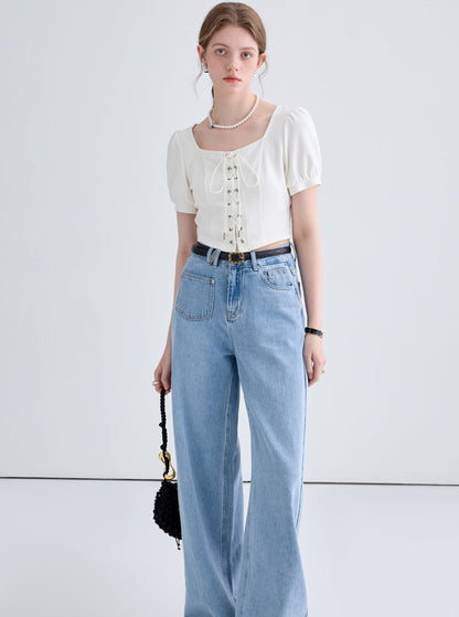 Simple Slim Cropped Lace-up Top