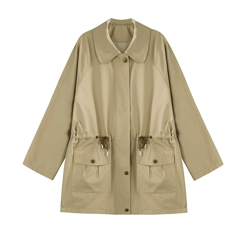 Khaki Midi Drawstring Trench Coat