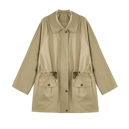 Khaki Midi Drawstring Trench Coat