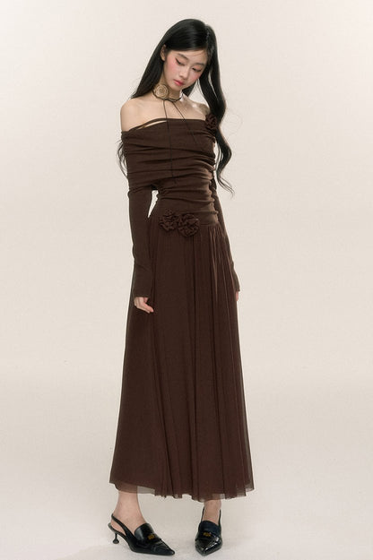 Long-Sleeve One-Shoulder Maxi Dress