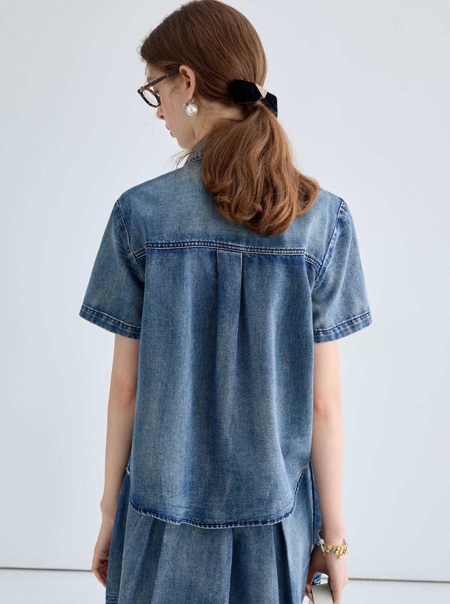 Denim Shirt and Pleated Skirt Set-Up