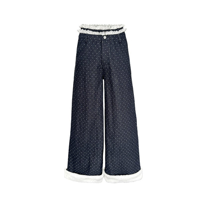 Dark Blue Polka Dot Patchwork Wide-Leg Jeans