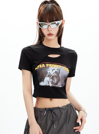 American Chest Hollow out Open Navel T-shirt