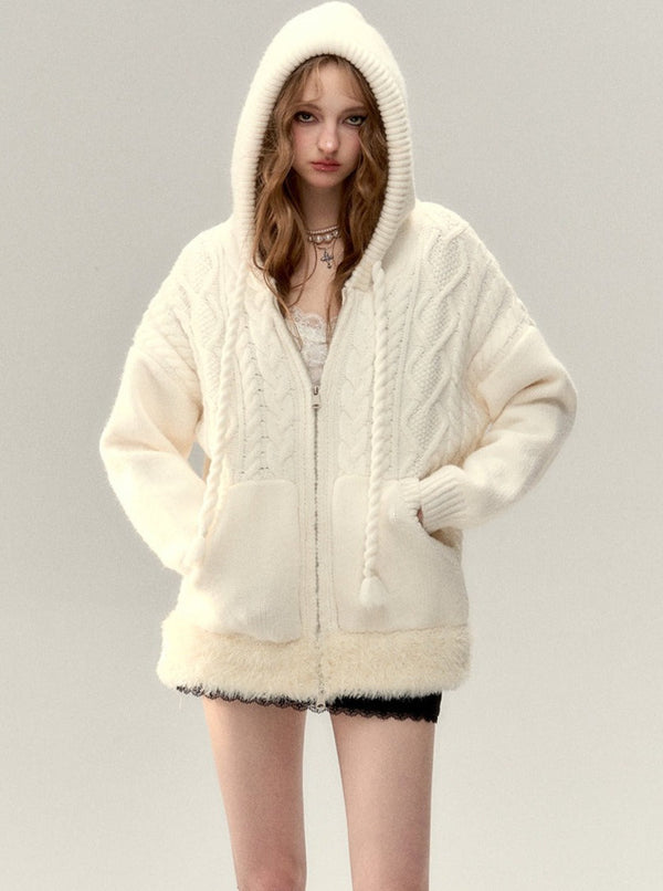 Loose hooded cable twist pattern thermal jacket