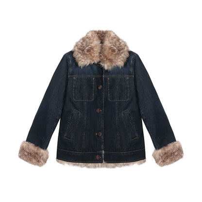 Detachable Fur Collar Denim Jacket Set-Up