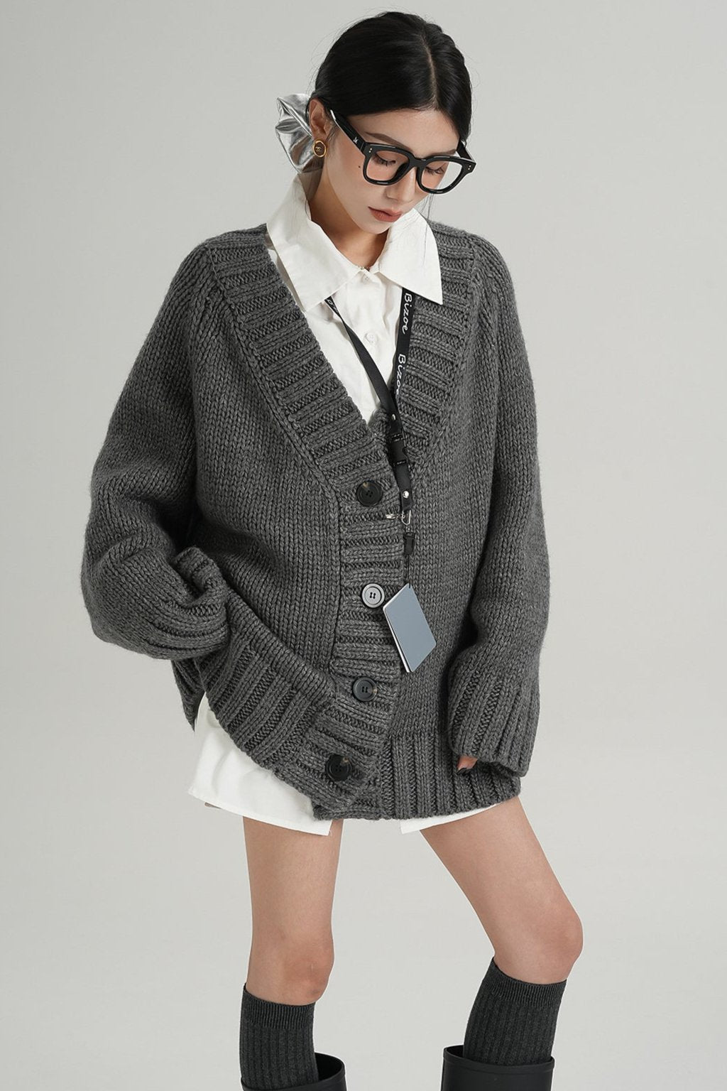 Grey Long-Sleeve Knit Cardigan