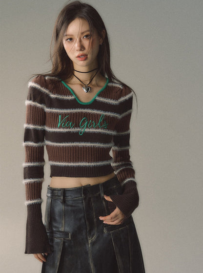 V-neck striped knit top