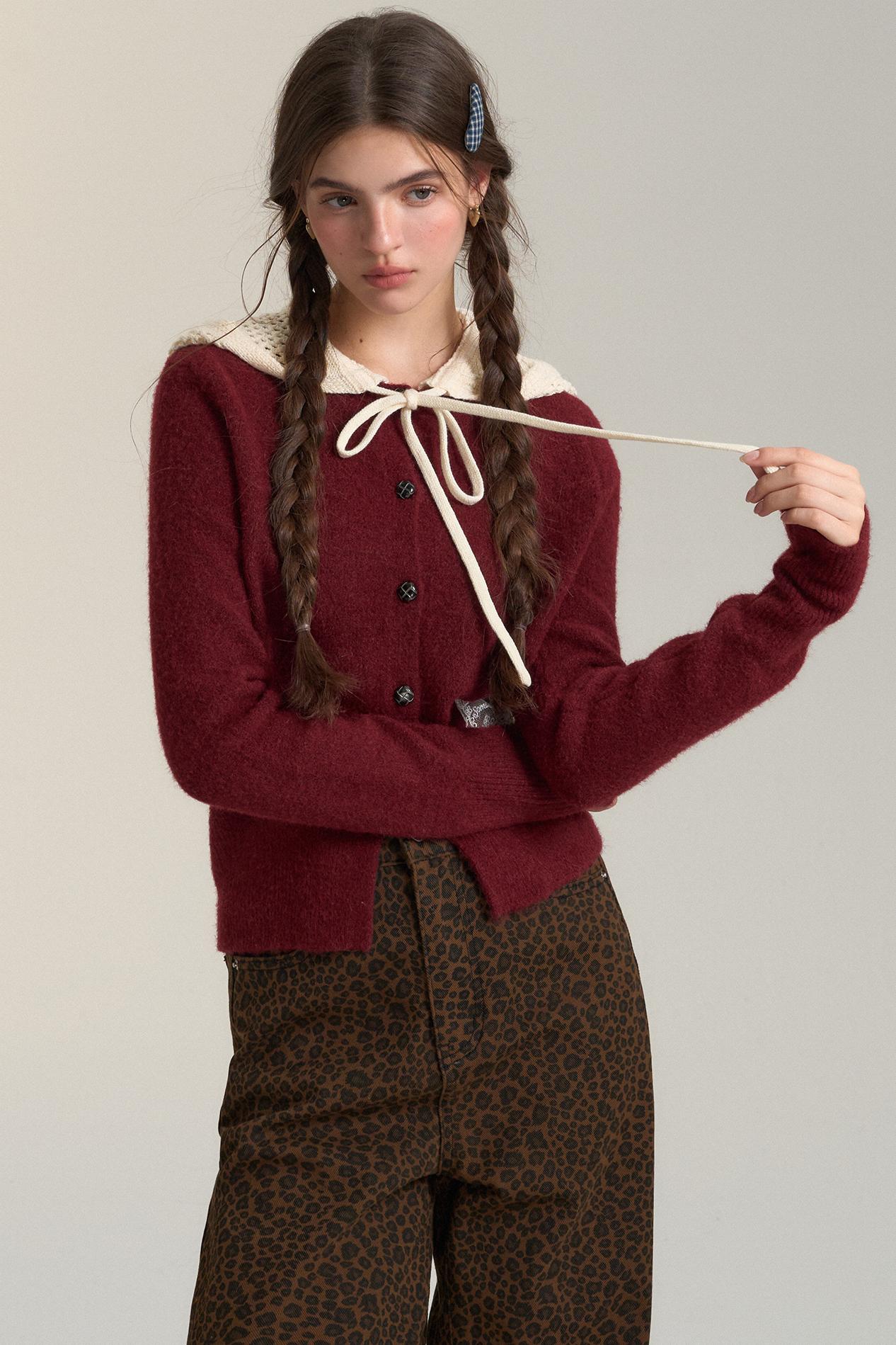 Cut-Out Hooded Knit Cardigan