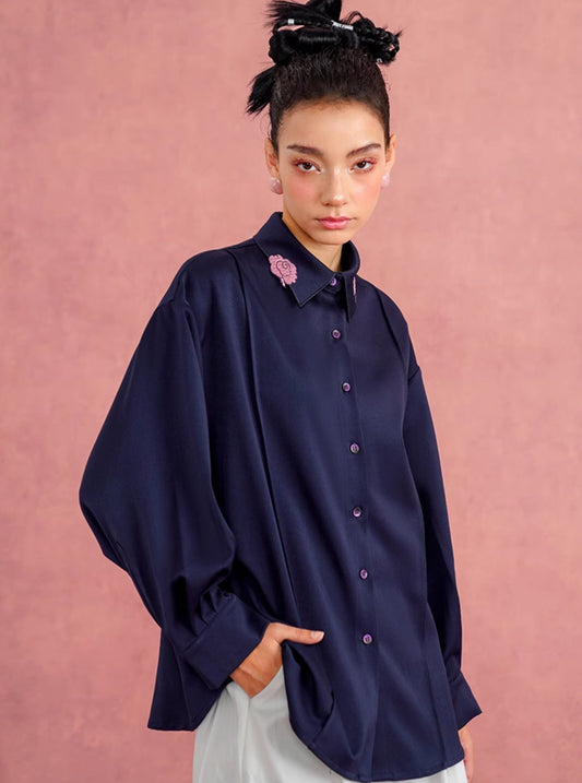 Curry Navy Blue Dragon Embroidery Shirt