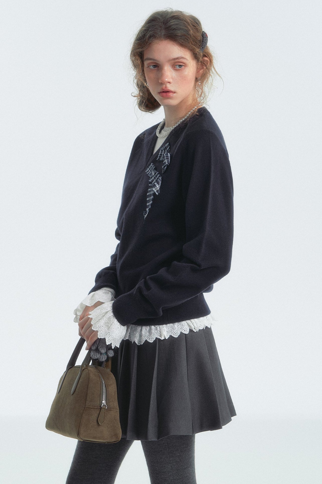 Bow Detail Checked V-Neck Jumper