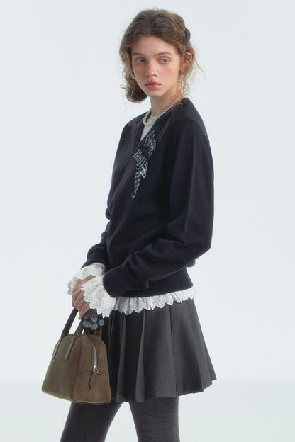 Bow Detail Checked V-Neck Jumper