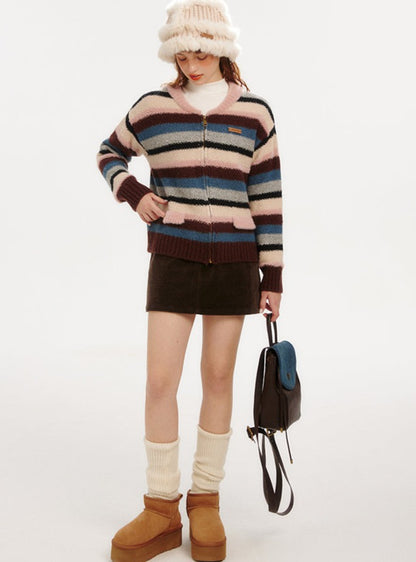 Retro Rainbow Stripe Wool Hooded Zipper Knitted Cardigan Coat