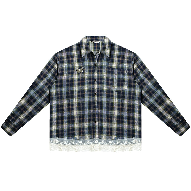 Blue Plaid Lace Stitch Loose Shirt