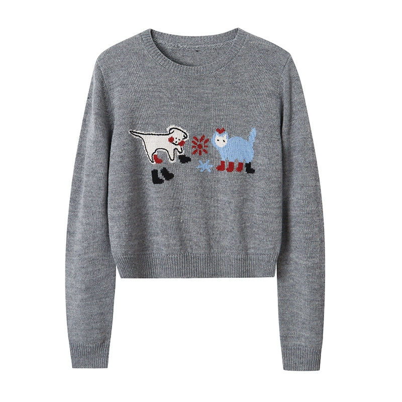 Cat and Dog Embroidered Round Neck Sweater