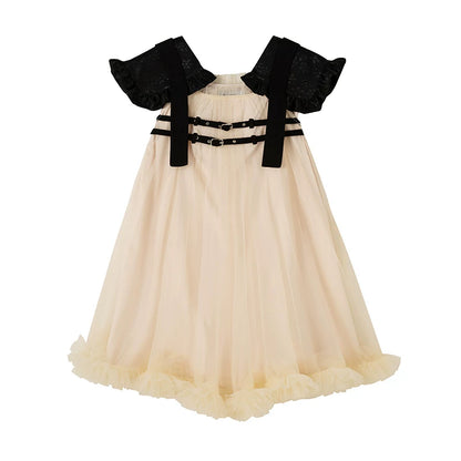 Beige Mesh Shoulder Pad Dress